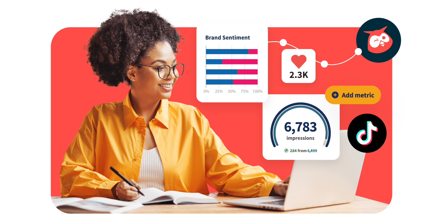 Professional in yellow jacket analyzing social media metrics and brand sentiment data while working at desk with laptop and notebook