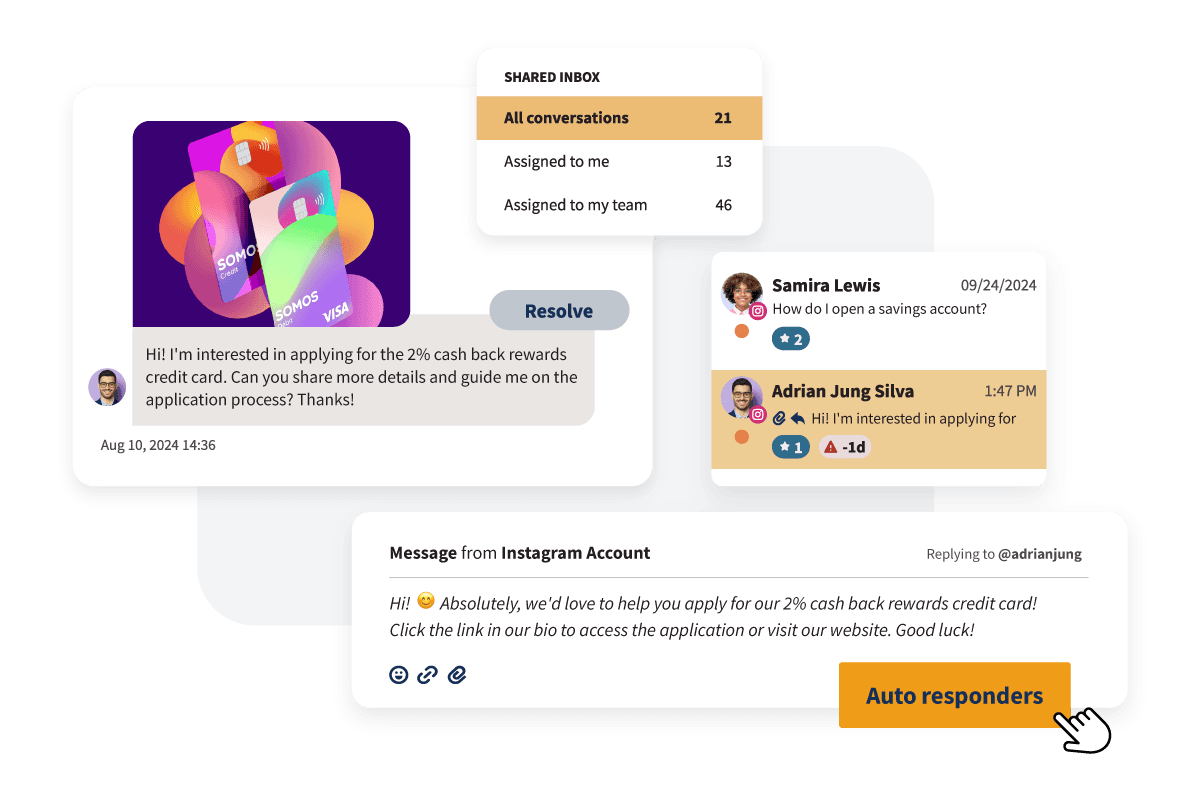 Customer service interface showing shared inbox with conversation threads, message counts, and a credit card inquiry discussion