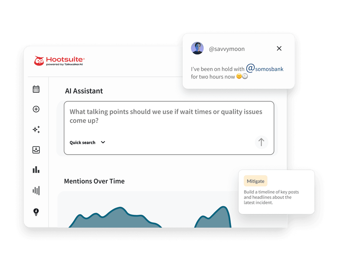 Hootsuite dashboard showing an AI query about talking points, with social media posts and a Mitigate suggestion card.